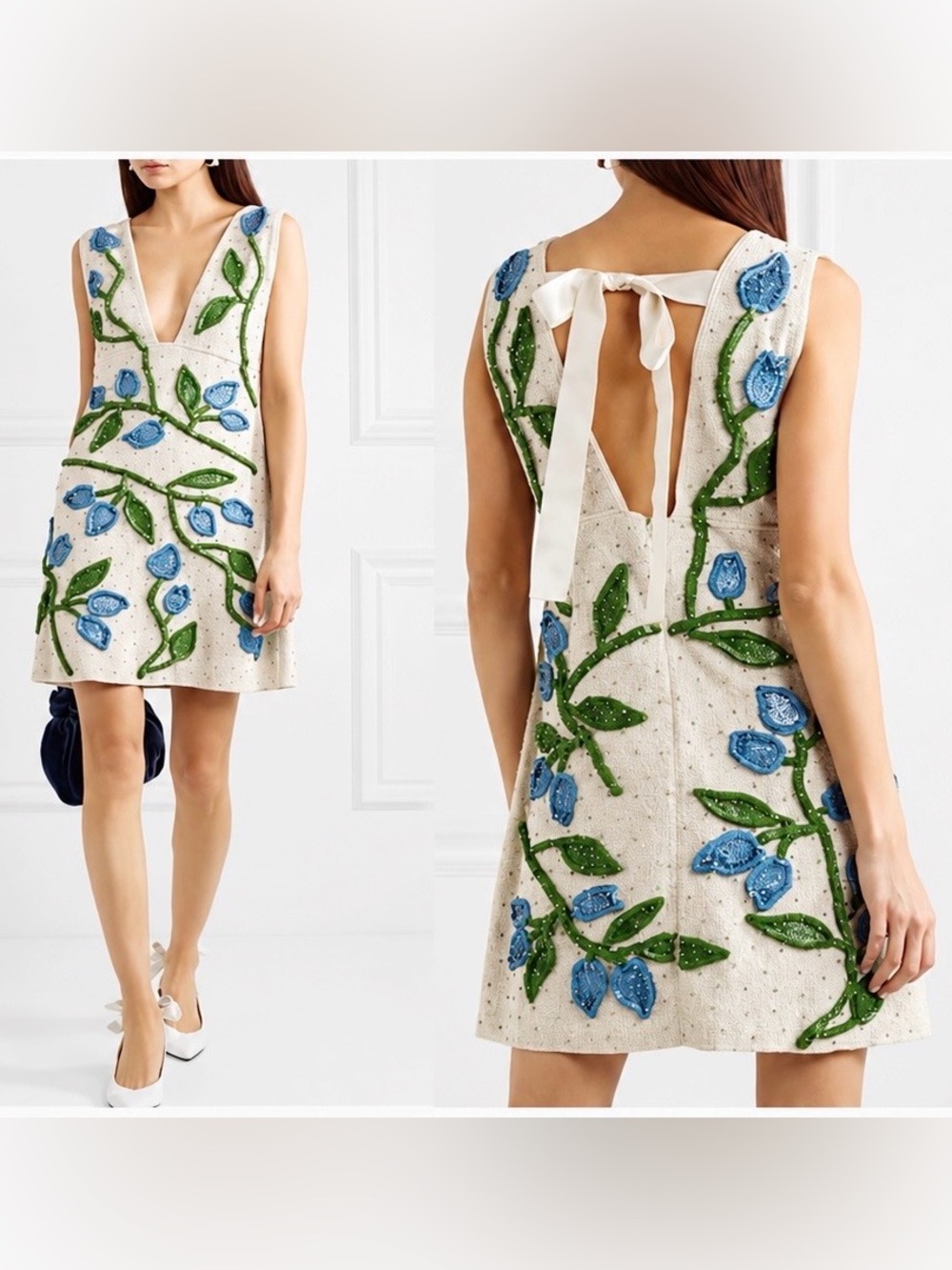 New Ganni Orsay Hand Beaded Embellished Floral Dress